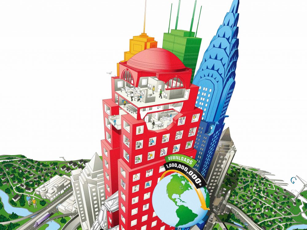 Google Earth infographic cover, buildings, cutaway